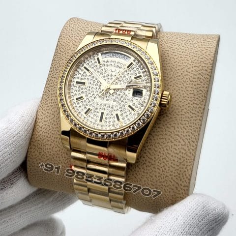 Rolex Day- Date Full Gold Diamond Bezel Stick Marker Diamond Studded Dial Super High Quality Swiss Automatic Watch (2)