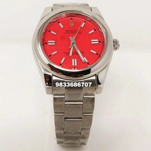 Rolex-Oyster-Perpetual-Silver-Red-Dial-Swiss-Automatic-Watch