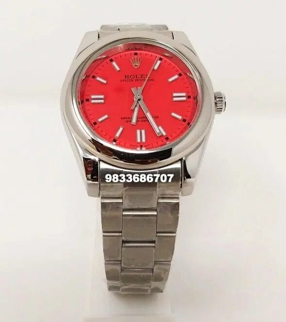 Rolex-Oyster-Perpetual-Silver-Red-Dial-Swiss-Automatic-Watch