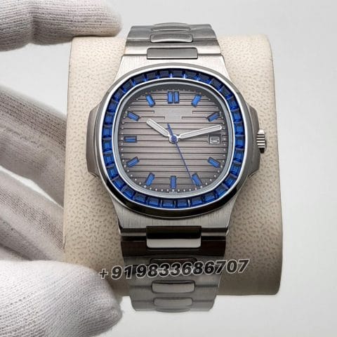 Patek Philippe Nautilus Silver Blue Emerald Super High Quality Swiss Automatic Watch (1)