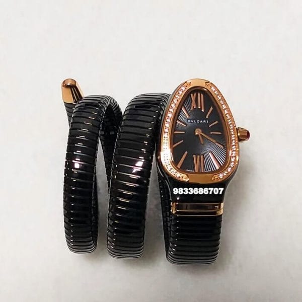 Bvlgari Serpenti Steel Black Dial Gold Roman Marking Diamond Bezel Women’s Watch