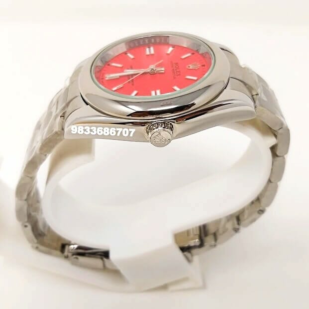 Rolex Oyster Perpetual Silver Red Dial Swiss Automatic Watch