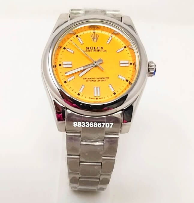 Rolex Oyster Perpetual Silver Yellow Dial Swiss Automatic Watch