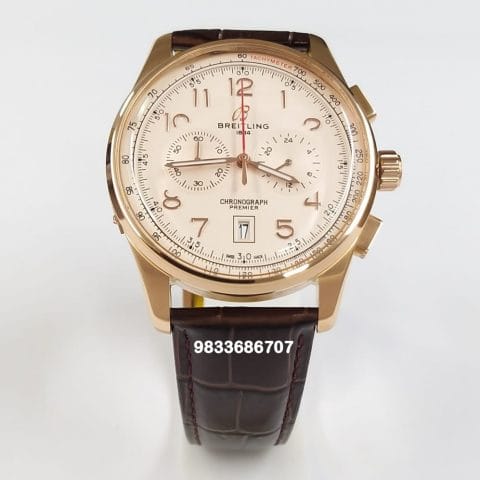 Breitling Premier B01 Chronograph Rose Gold Off white Dial Leather Strap Super High Quality Watch (3)