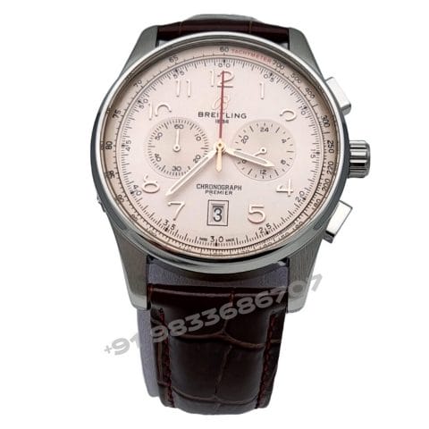 Breitling Premier B01 Chronograph Silver Off white Dial Leather Strap Super High Quality Watch (1)