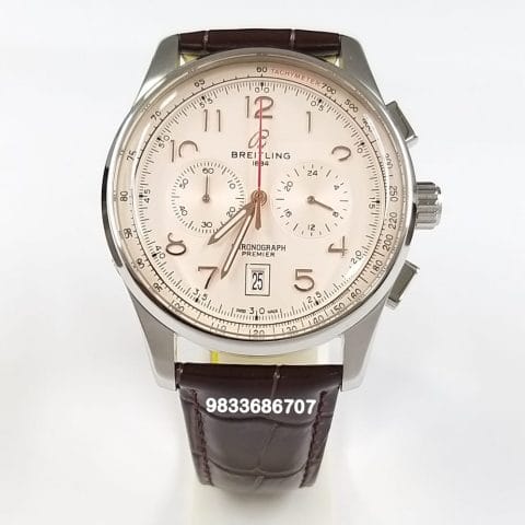Breitling Premier B01 Chronograph Silver Off white Dial Leather Strap Super High Quality Watch (3)