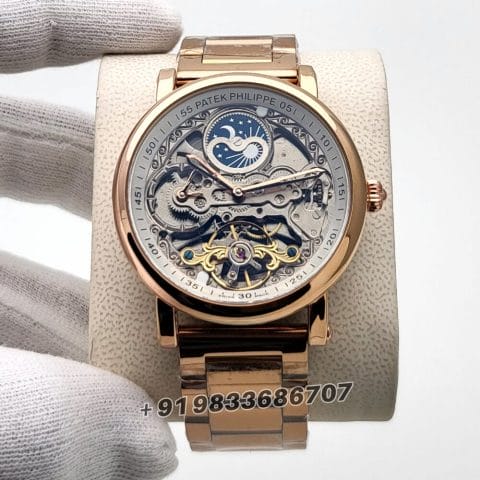 Patek Philippe Skeleton Dial Full Rose Gold Super High Quality Swiss Automatic Watch