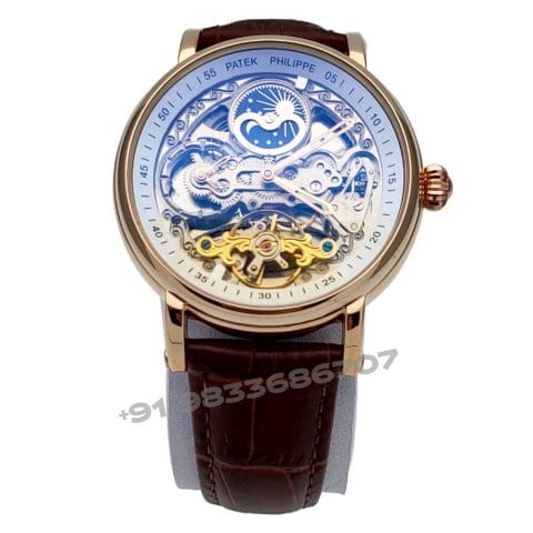Patek Philippe Skeleton Rose Gold Leather Strap Super High Quality Swiss Automatic Watch (3)
