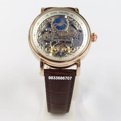 Patek Philippe Skeleton Rose Gold Leather Strap Super High Quality Swiss Automatic Watch (1)