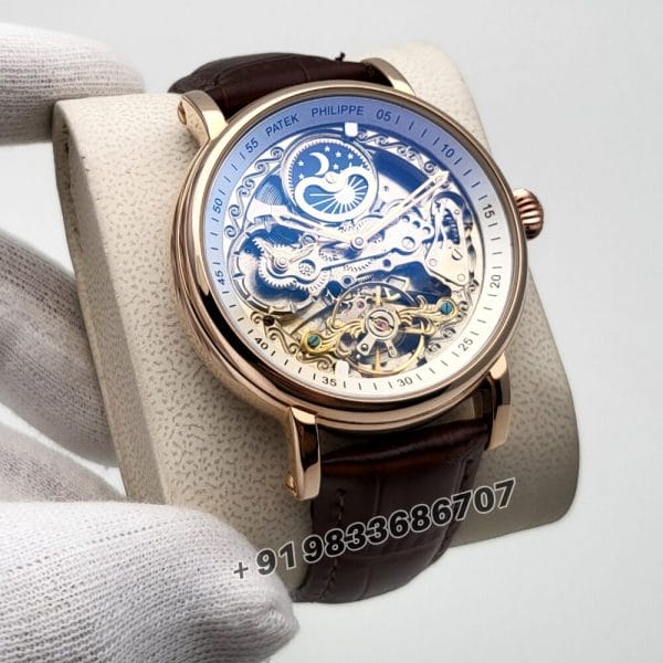 Patek Philippe Skeleton Rose Gold Leather Strap Super High Quality Swiss Automatic Watch (1)