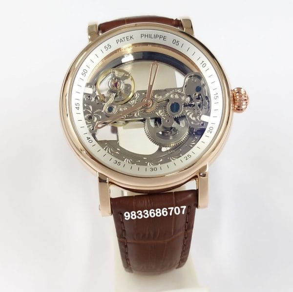 Patek Philippe Skeleton Rose Gold Leather Strap Super High Quality Swiss Automatic Watch (7)