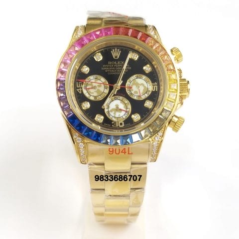 Rolex Daytona Rainbow Full Gold Diamond Bezel Black Dial Super High Quality Swiss Automatic Watch