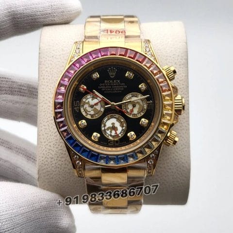 Rolex Daytona Rainbow Full Gold Diamond Bezel Black Dial Super High Quality Swiss Automatic Watch (1)