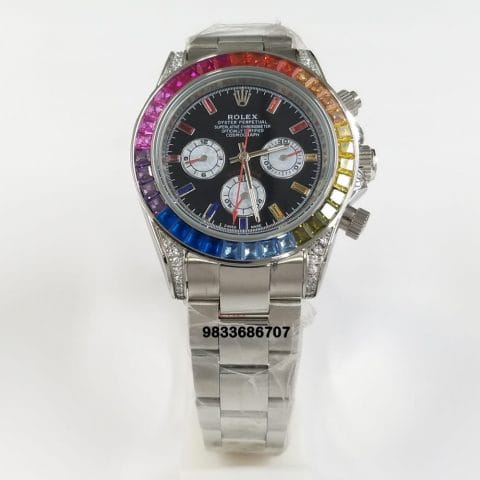 Rolex Daytona Rainbow Full Silver Diamond Bezel Black Dial Super High Quality Swiss Automatic Watch (1)