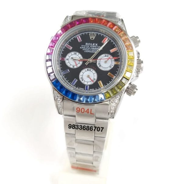 Rolex Daytona Rainbow Full Silver Diamond Bezel Black Dial Super High Quality Swiss Automatic Watch