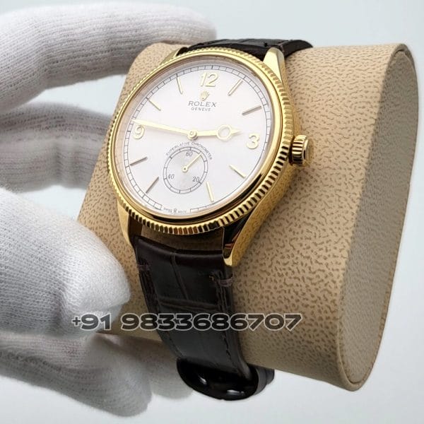 Rolex 1908 18kt Yellow Gold Intense White Dial Alligator Strap 39mm Exact 1:1 Top Quality Super Clone Swiss ETA 7140 Automatic Movement Watch