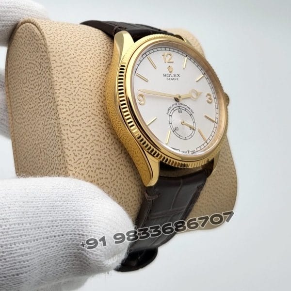 Rolex 1908 18kt Yellow Gold Intense White Dial Alligator Strap 39mm Exact 1:1 Top Quality Super Clone Swiss ETA 7140 Automatic Movement Watch