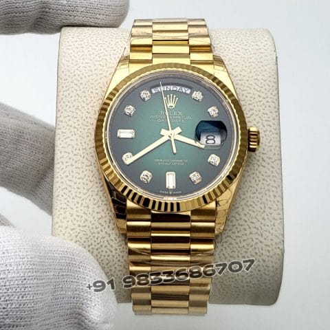 Rolex Day-Date 18kt Yellow Gold Green Ombre with Diamonds Set Dial 36mm Exact 1:1 Top Quality Replica Super Clone Swiss ETA 3255 Automatic Movement Watch