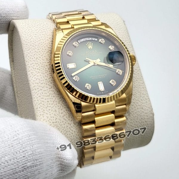Rolex Day-Date 18kt Yellow Gold Green Ombre with Diamonds Set Dial 36mm Exact 1:1 Top Quality Replica Super Clone Swiss ETA 3255 Automatic Movement Watch
