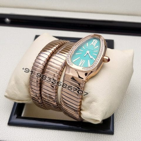 Bulgari Serpenti Rose Gold Double Spiral Green Dial Brilliant Cut Diamond Set Bezel Super High Quality Watch