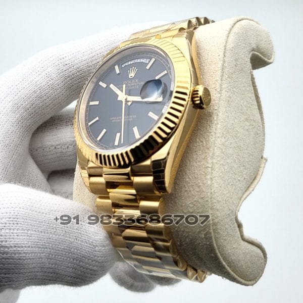 Rolex Day-Date 18kt Yellow Gold Bright Black Dial 40mm Exact 1:1 Top Quality Super Clone Replica Swiss ETA 3255 Automatic Movement Watch