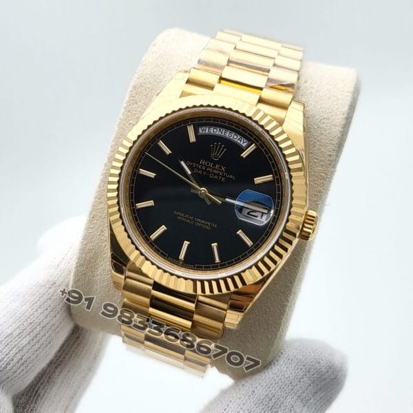 Rolex Day-Date 18kt Yellow Gold Bright Black Dial 40mm Exact 1:1 Top Quality Super Clone Replica Swiss ETA 3255 Automatic Movement Watch