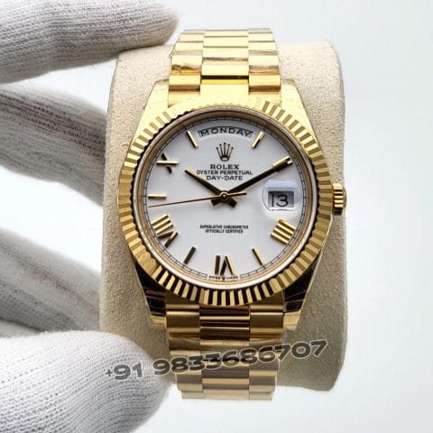 Rolex Day-Date 18kt Yellow Gold White Dial 40mm Exact 1:1 Top Quality Super Clone Replica Swiss ETA 3255 Automatic Movement Watch
