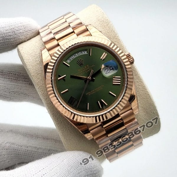 Rolex Day-Date Everose Gold Olive Green Dial 40mm Exact 1:1 Top Quality Super Clone Replica Swiss ETA 3255 Automatic Movement Watch